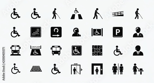 Collection of accessibility and public transport icons.