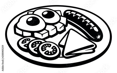 Traditional full English breakfast presented in monochrome, including eggs, sausages, diced potatoes, toast, and ripe tomatoes