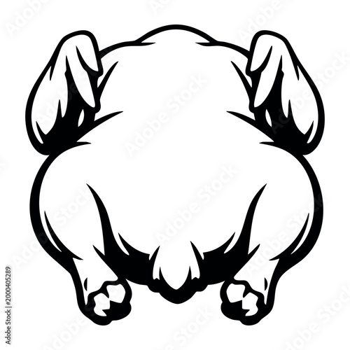 Raw chicken or turkey carcass, uncooked poultry bird being prepped in a kitchen or butcher shop