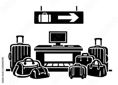 Airport check-in counter with various luggage items and bags in front of a monitor, indicating travel system and journey