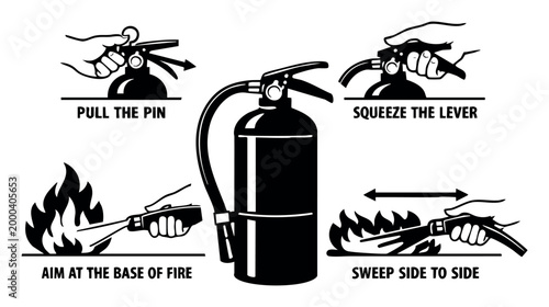 Steps for using a fire extinguisher and important safety instructions for emergency response using the PASS technique
