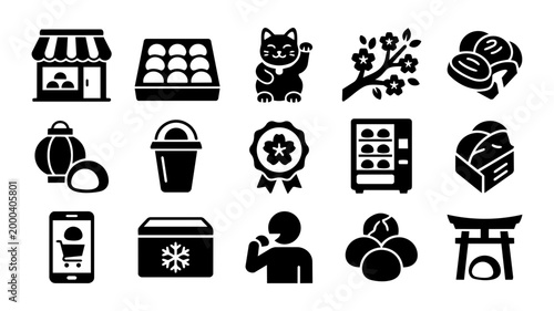 Mochi Ice Cream Business Silhouette Set – Japanese Dessert Culture and Shop Icons