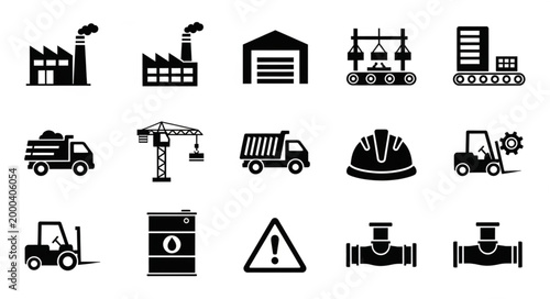 Collection of industrial and construction icons for manufacturing and logistics.