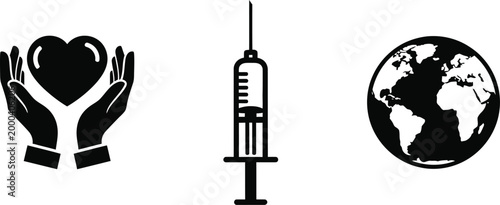 healthcare symbols with heart hands syringe globe silhouette