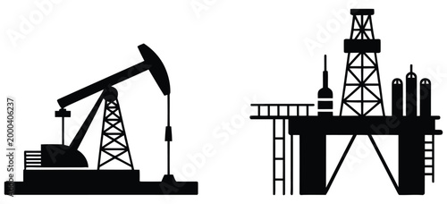 Oil rig sign vector graphic featuring oil drill platform and crude oil pumping system, energy production and petroleum extraction concept illustration suitable for refinery projects, industrial report