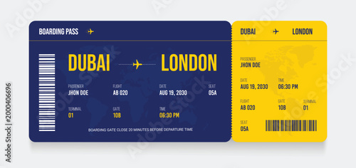 Air plane ticket template. Realistic airline ticket design with passenger name. Plane ticket vector template or airline boarding pass ticket isolated. Airline flight pass concept.