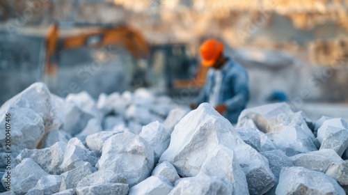 close-up white-gray limestone boulders in open quarry with excavator and worker in orange helmet under cool late-afternoon light