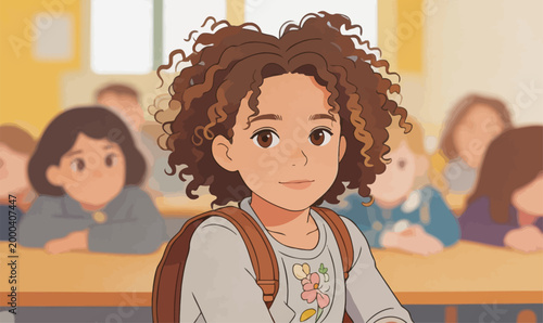 Curly Haired Student Sitting in a Primary School Classroom