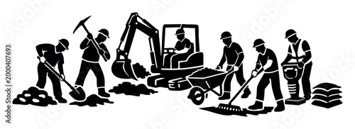 Construction workers, wearing hard hats, performing various tasks building a structure. Manual labor and heavy machinery