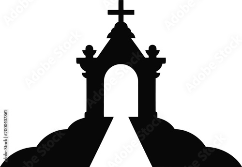 Silhouette showing a stone archway with a cross on positioned on a hill with a path leading through the gate, isolated on a white background, style