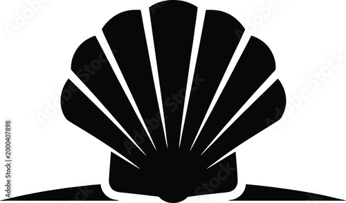 Stylized black silhouette of a seashell or scallop shell featuring radiating ridges and a curved base, isolated on a white background, representing marine life, beach, or nature themes