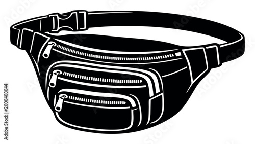 Fanny pack illustration showcasing a waist bag with multiple zipper compartments and adjustable strap, ideal for travel and carrying essentials