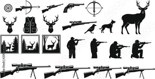 Fotografía Hunting and shooting silhouettes set featuring rifles crossbow deer wildlife tar