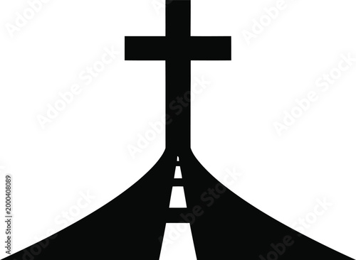 A black silhouette of a christian cross standing at the end of a converging road that leads into the distance, creating a sense of perspective on a solid white background