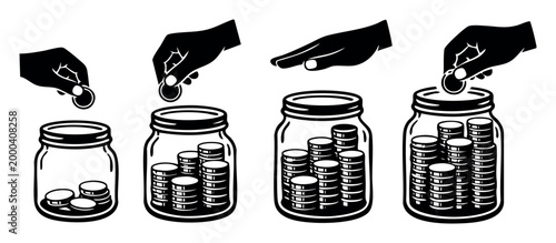 Hand dropping coins into clear glass jars, illustrating the process of saving money, investment, and financial growth