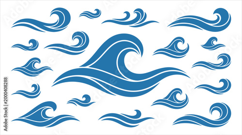 Collection of stylized blue ocean waves for design elements and backgrounds