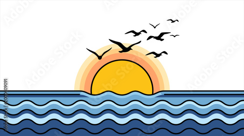 Sunrise Over Wavy Ocean With Flying Birds Silhouette Vector Art