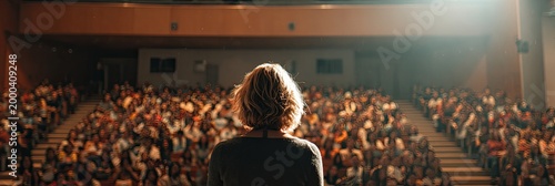 Speaker addresses a large, seated audience in a dimly lit auditorium