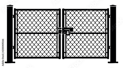 Chain link gate with a padlock, showing security, boundary, and controlled access in a clean black and white silhouette