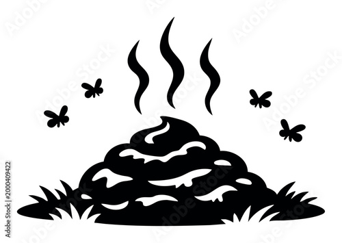 Foul smelling poop pile with vapor rising, surrounded by flies. Black and white cartoon silhouette representing dirt and bad hygiene