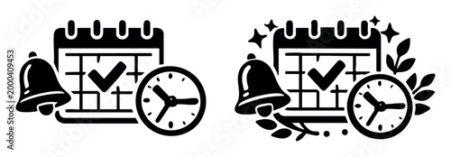 Calendar with a checkmark, bell, and clock icons, symbolizing successful scheduling, reminders, and time organization