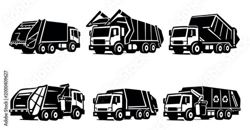 Garbage trucks icons providing essential municipal services, collecting refuse, waste, and recycling materials