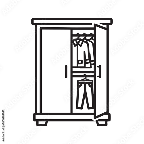 Open wardrobe with hanging clothes and pants on a shelf