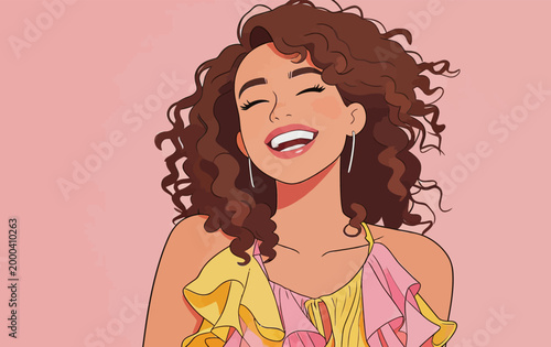 Joyful Curly Haired Woman Laughing Happily