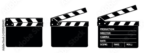 Clapperboard slate icons in three positions, closed, open, and detailing production information, representing cinema and videography