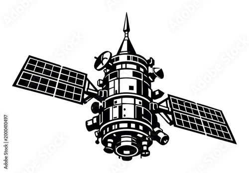 Communication satellite vector illustration showing solar panels and antenna, representing global technology, internet, and data transmission