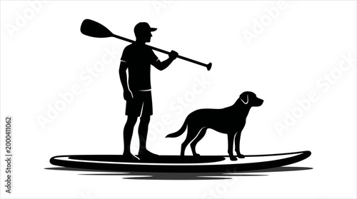 Man and his loyal dog enjoying a peaceful stand-up paddleboarding adventure on the water