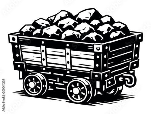 Mining cart filled with lumps of coal, representing raw materials, fossil fuels, and the power industry