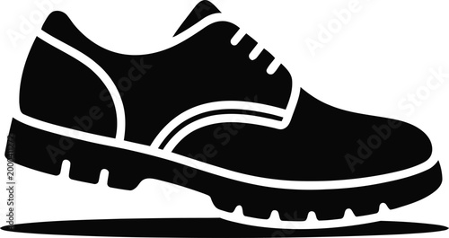 Black and white of a classic leather oxford shoe with laces and a thick treaded sole, isolated on a white background, representing footwear, fashion, walking, and formal or casual attire