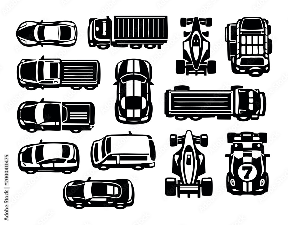 Fototapeta premium Top view silhouettes of a variety of cars, trucks, and race cars, portraying transportation and racing themes