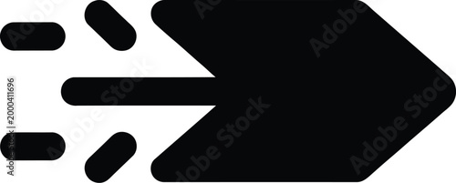 Black and white showing a stylized arrow pointing to the right with motion blur lines or speed streaks on the left side, isolated on a clean white background, for interface use