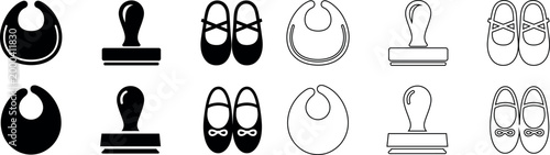 Collection of baby bibs and ballet shoes icons for design purposes