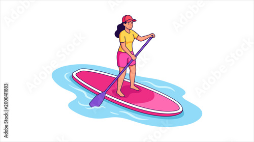 Woman paddleboarding on a pink board in blue water