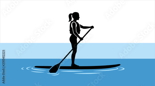 Minimalist graphic of a woman stand-up paddleboarding on calm water, enjoying a popular water sport activity