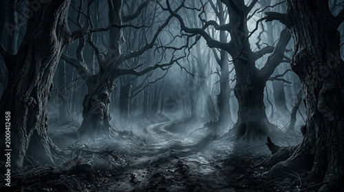 Eerie foggy path through an ancient dark forest with twisted tree silhouettes.
