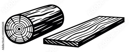 Showing raw timber log and sawn wooden plank, representing woodworking, forestry, and construction materials