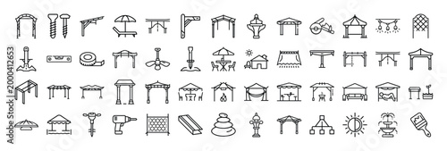 Minimalist pergola and gazebo line icons, 52 outdoor structure vector elements, garden architecture and patio landscaping symbols for backyard design