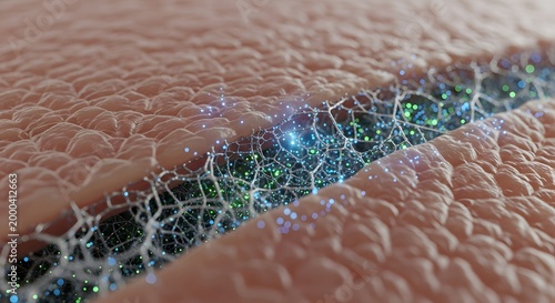 Close-up microscopic view of skin cells with glowing particles in a vein