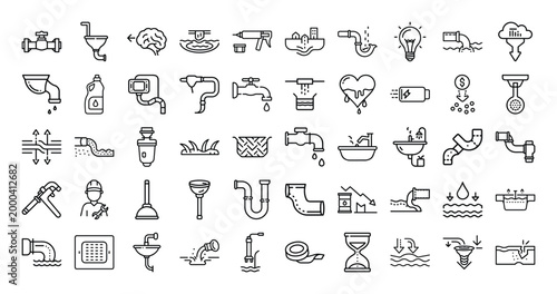 Plumbing and drainage line icons set, 50 professional plumber service vector symbols, water pipe and home repair maintenance collection