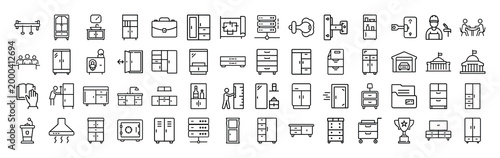 Minimalist office furniture line icons set, professional business storage and interior equipment vector collection, modern workspace cabinet and desk symbols