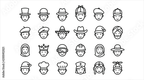 Collection of diverse cartoon character icons showcasing various professions, cultures, and hobbies