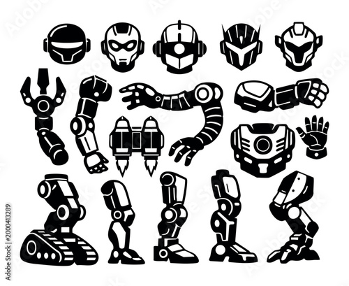 Robot and android parts offering modular kit for characters, showing heads, arms, legs, body, and jetpack for design illustration