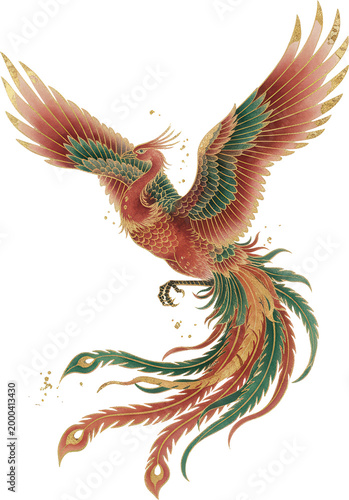 Majestic Golden Phoenix Soaring with Spread Wings