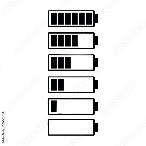 Battery icon set representing various charge levels from full to empty, indicating power status, energy depletion, and interface design