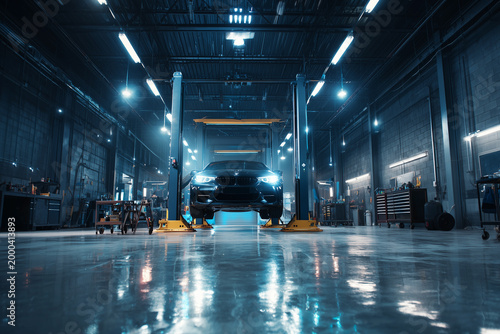 In modern automotive service centers, cars are lifted using jacks for maintenance.