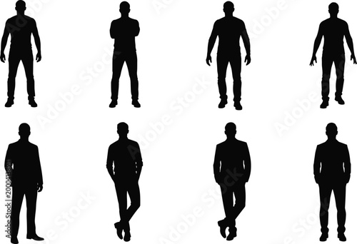 Set of male silhouettes in casual and formal standing poses isolated on white background, human figures vector illustration collection